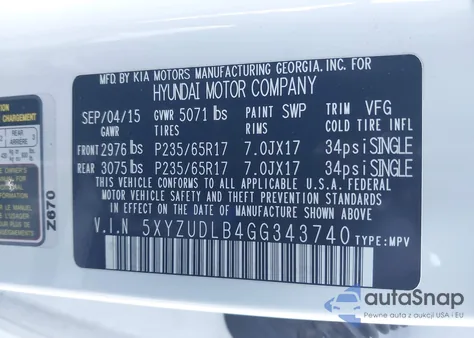 2016 Hyundai Santa Fe Sport 2.4L z USA, uszkodzony, nr VIN 5XYZUDLB4GG343740